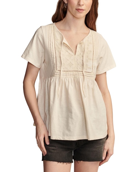 Women's Cotton Embroidered Babydoll Tie-Neck Top