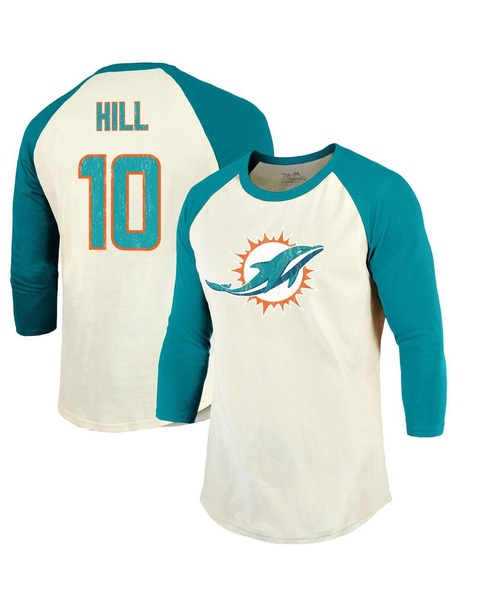 Men's Threads Tyreek Hill Cream, Aqua Miami Dolphins Name & Number Raglan 3/4 Sleeve T-shirt