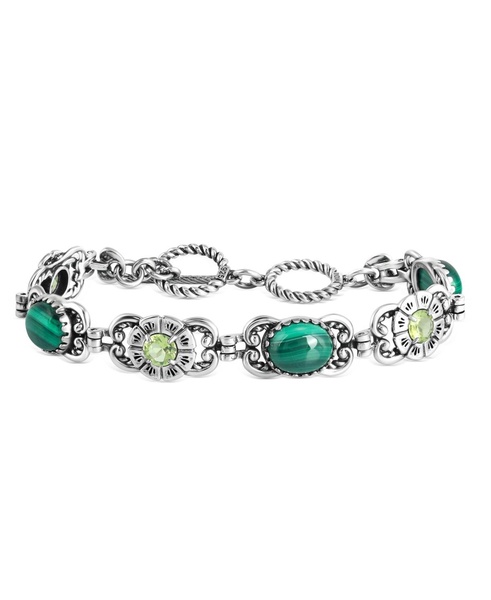 Sterling Silver Malachite Peridot Concha Link Bracelet, Size Small