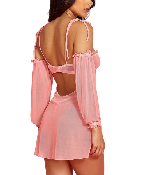 Women’s 2PC Babydoll Lingerie Set in Sheer Soft Mesh and Attached off the Shoulder Sleeves