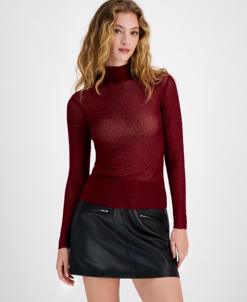 Women's Sheer Mock-Neck Rhinestone Top, Created for Macy's