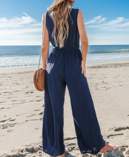 Women's Diamond Neck Knotted Strap Wide Leg Jumpsuit