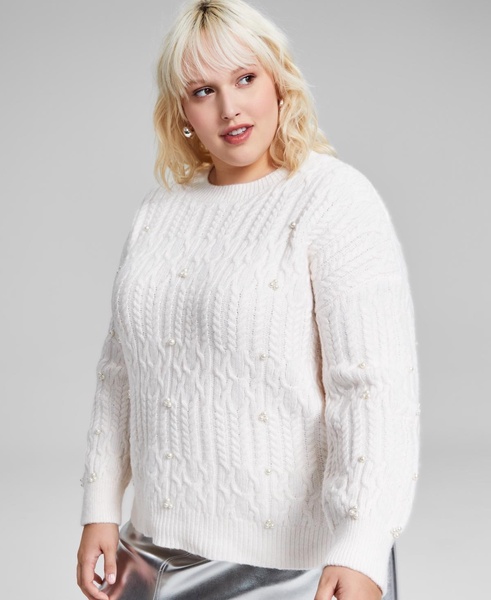 Trendy Plus Size Embellished Cable-Knit Sweater, Created for Macy's