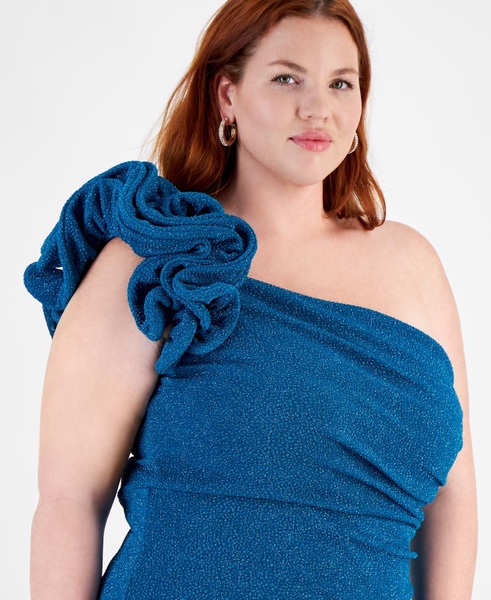 Trendy Plus Size One-Shoulder Ruffle-Trim Glitter Gown 