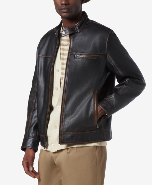 Men's Caruso Leather Racer Jacket with Distressed Seaming