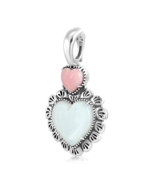 Sterling Silver White Mother of Pearl Pink Opal Concha Heart Pendant Enhancer