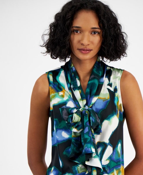 Women's Sleeveless Printed Tie-Neck Blouse, Created for Macy's