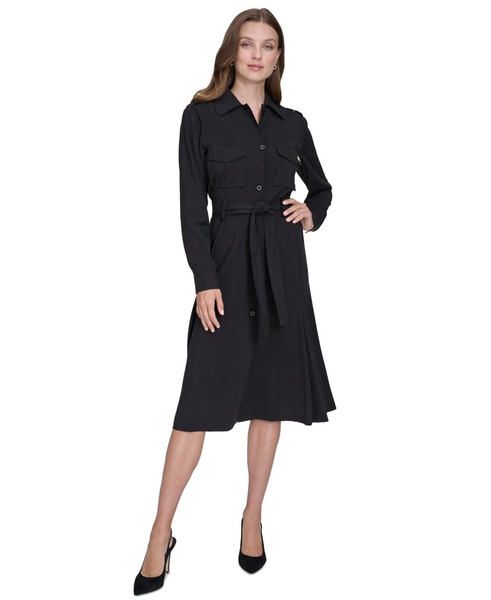 Women's Button-Front Flared Trench Dress