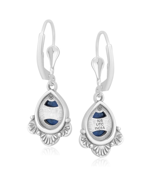 Sterling Silver and Pear Shape Denim Lapis Gemstone Fan Lever Back Earrings