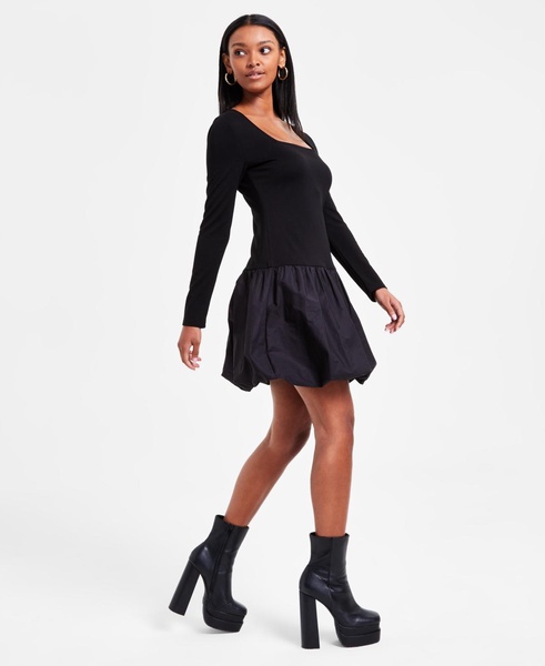 Women's Mixed Media Long-Sleeve Bubble-Hem Dress, Exclusively at Macy's