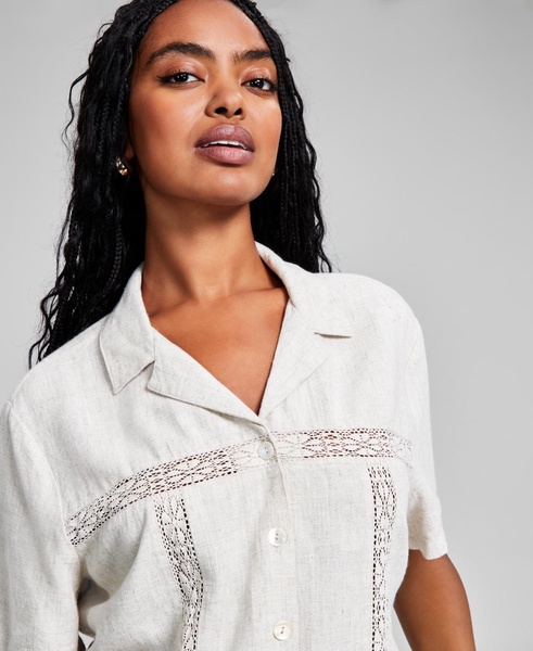 Women's Crochet-Lace-Trim Camp Shirt, Created for Macy's