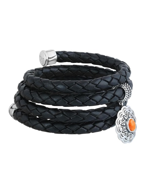 Sterling Silver Orange Spiny Oyster Concha Braided Leather Wrap Bracelet, One Size Fits Most