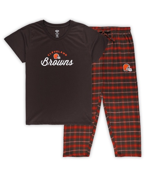 Women's Brown Cleveland Browns Plus Size Badge T-Shirt Flannel Pants Sleep Set