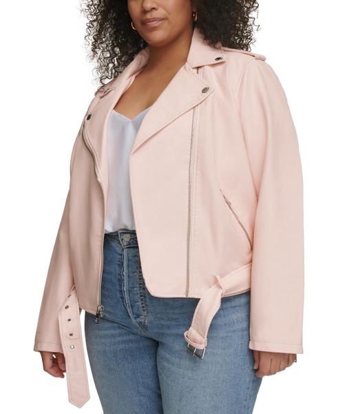 Plus Size Faux Leather Belted Motorcycle Jacket