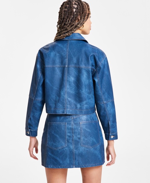 Women's Denim-Finish Faux-Leather Trucker Jacket, Exclusively at Macy's