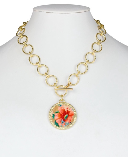 Gold-Tone Flower-Print Leather 21" Pendant Necklace