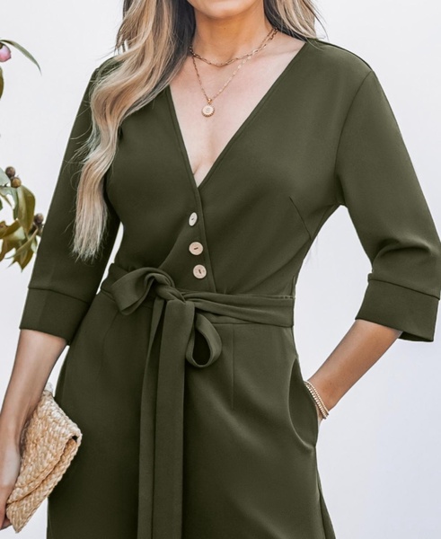 Women's Deep V-Neck Button-Detail Tie-Waist Jumpsuit