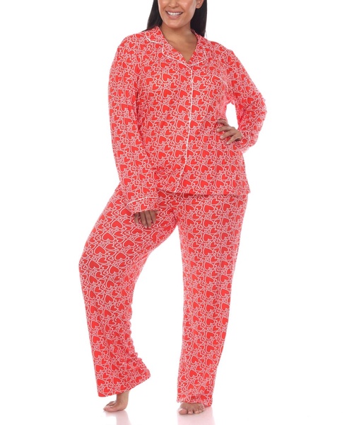 Plus Size 2 Piece Long Sleeve Heart Print Pajama Set