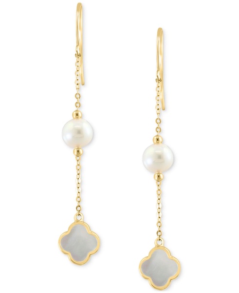 EFFY® Freshwater Pearl & Mother-of-Pearl Clover Linear Drop Earrings in 14k Gold