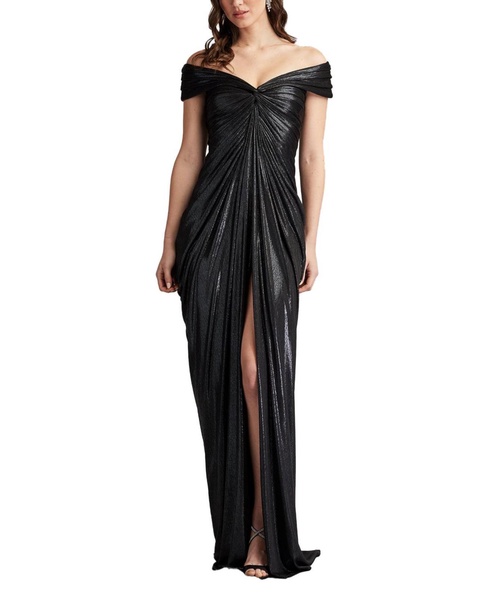 Ruched Off-Shoulder Metallic Jersey Gown