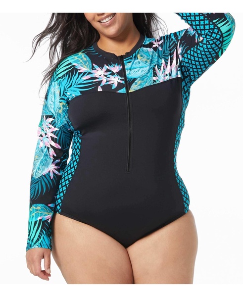 Plus Size Sculpt Long Sleeve Zip Front One Piece Swimsuit