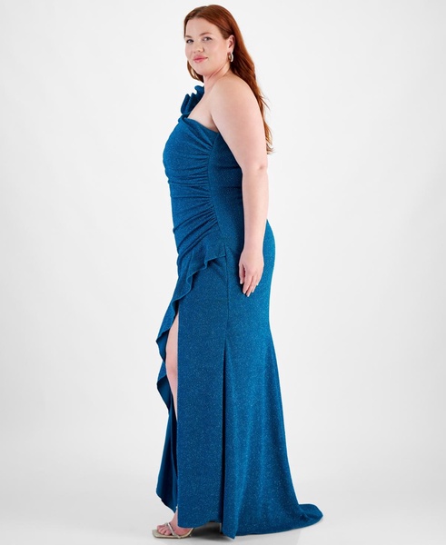 Trendy Plus Size One-Shoulder Ruffle-Trim Glitter Gown 