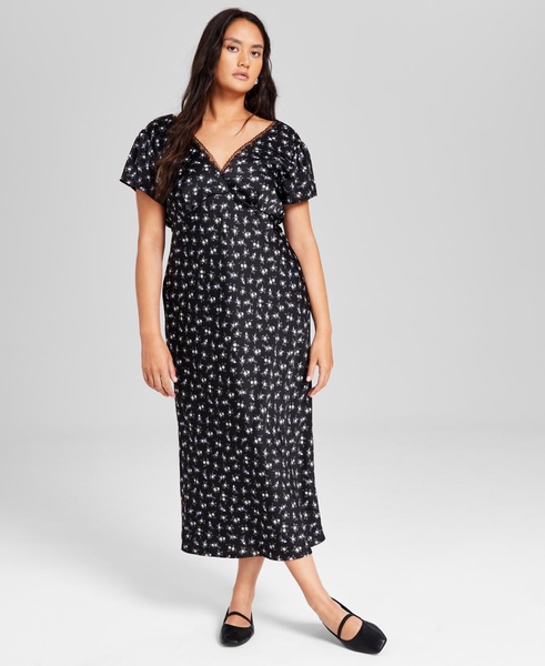 Women's Printed Satin V-Neck Midi Dress, Created for Macy's