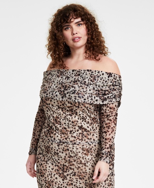 Trendy Plus Size Printed Off-the-Shoulder Mesh Top, Created for Macy's