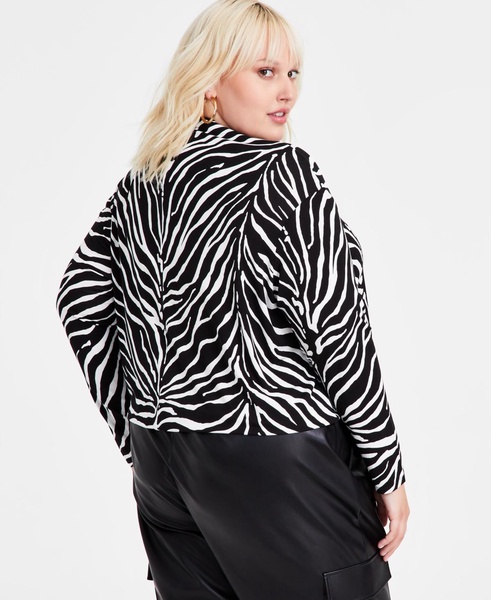 Trendy Plus Size Zebra-Print Mock Neck Blouson Knit Top, Created for Macy's