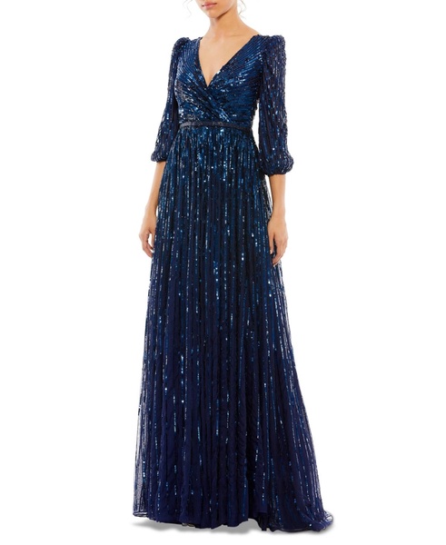 Women's Sequined Wrap Over 3/4 Sleeve Gown