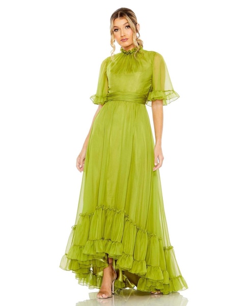 Women's Ruffled High Neck Flutter Sleeve High Low Hem Gown