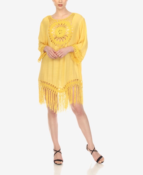 Women's Crocheted Fringed Trim 3/4 Sleeves Cover Up Dress