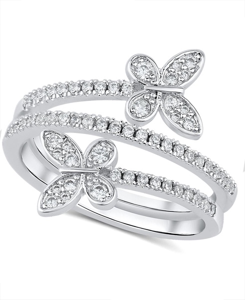 Cubic Zirconia (0.85 ct.t.w.) Pave Bypass Butterfly Ring in Fine Silver Plated