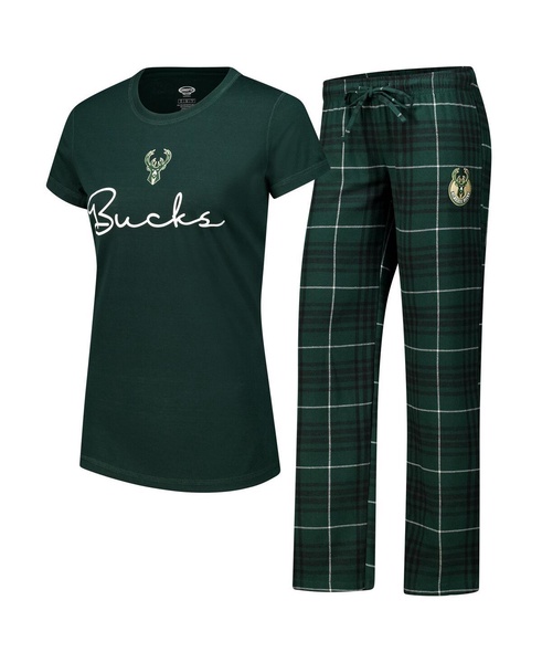 Women's Hunter Green Milwaukee Bucks Vector T-Shirt Flannel Pants Sleep Set