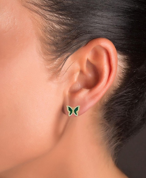 Simulated Malachite & Cubic Zirconia Butterfly Stud Earrings in 14k Gold-Plated Sterling Silver