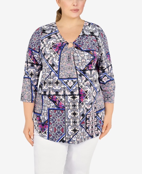 Plus Size Knit Folk Patchwork Puff Print Top