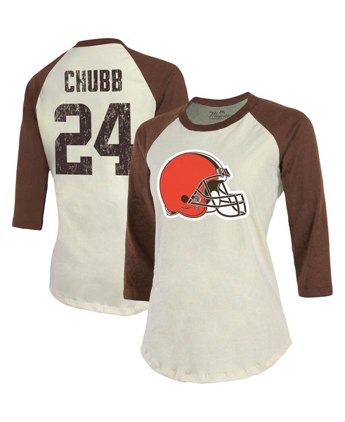 Women's Threads Nick Chubb Cream, Brown Cleveland Browns Player Name and Number Raglan 3/4-Sleeve T-shirt