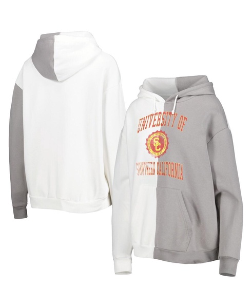 Women's Gray, White USC Trojans Split Pullover Hoodie