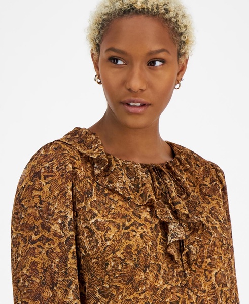 Women's Printed Ruffle-Neck Long-Sleeve Blouse, Created for Macy's 