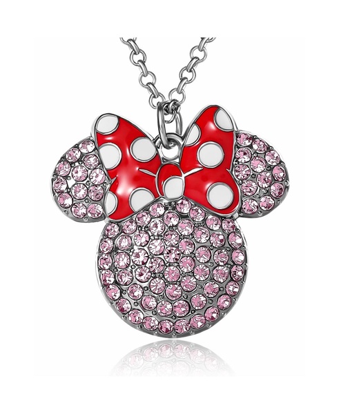 Minnie Mouse Fashion Red Polka Dot Bow Crystals Pave Necklace