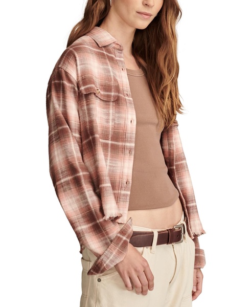 Women's Cotton Raw Edge Plaid Cropped Button Down Top