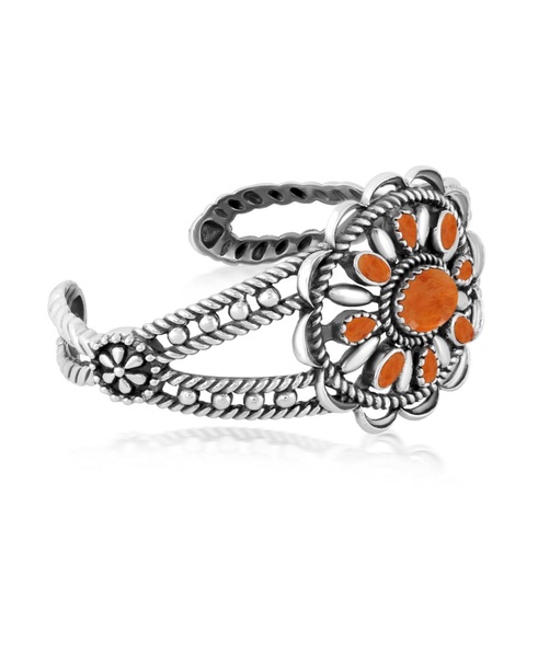 Southwestern Orange Spiny Oyster Wildflower Sterling Silver Rope Cuff Bracelet, Size Small - Large