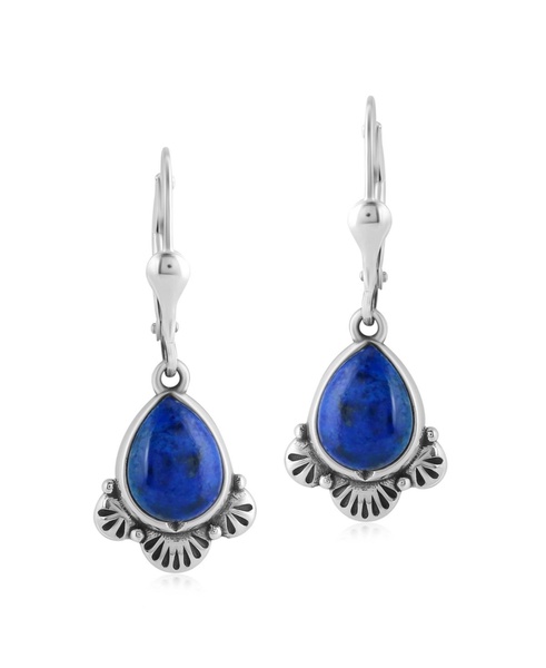 Sterling Silver and Pear Shape Denim Lapis Gemstone Fan Lever Back Earrings