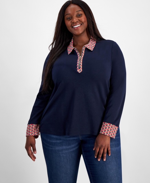 Plus Size Cotton Polo-Collar Long-Sleeve Top