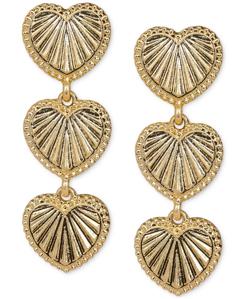 Gold-Tone Sunray Texture Triple Heart Drop Earrings