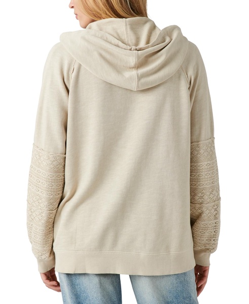 Cotton Lace Panel Zip Up Hoodie Sweatshirt