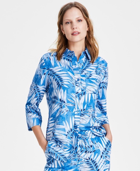 Petite Linen Leaf-Print 3/4-Sleeve Button Front Shirt 