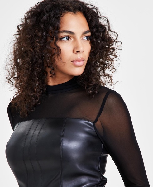 Women's Faux-Leather Mesh-Trim Long-Sleeve Top, Created for Macy's