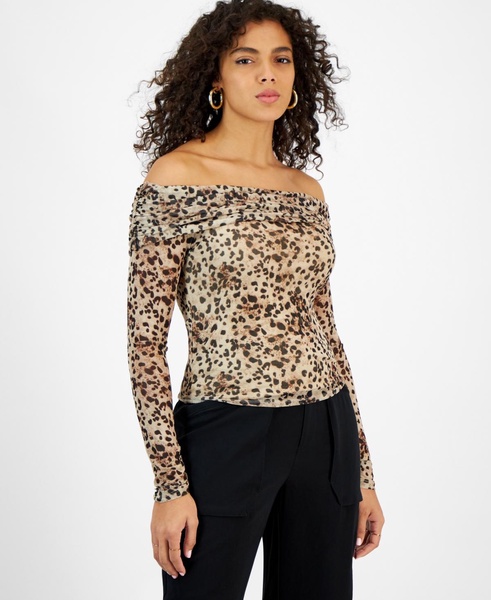 Women's Printed Off-The-Shoulder Mesh Top, Created for Macy's