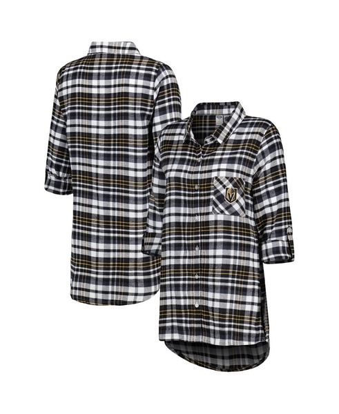 Women's Black Vegas Golden Knights Mainstay Flannel Full-Button Three-Quarter Sleeve Nightshirt